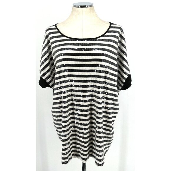 Lane Bryant Sequin Top Sz 26/28 Black White Short Sleeve Zip Back Cotton Blend - Picture 1 of 6